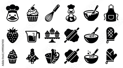 Set of black baking and cooking icons featuring a cute duck chef, cupcakes, a whisk, rolling pin, oven mitt, and other kitchen utensils for culinary design