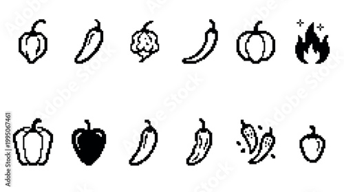 Pixel art chili pepper icon set with various hot and sweet peppers, including habanero, bell pepper, and a fire symbol for spiciness in a minimalist black and white style