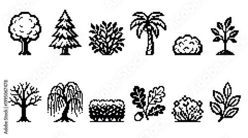Pixel art tree and plant icons set featuring various flora like pine, palm, oak, and willow in a minimalist black and white 8-bit video game style graphic illustration