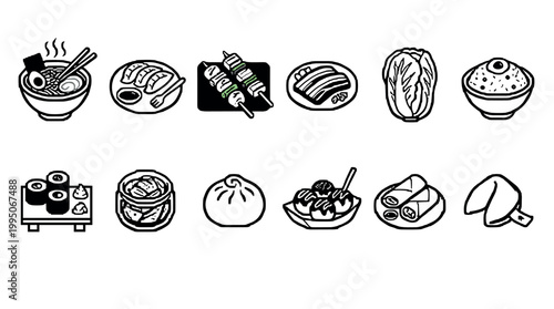 Collection of black and white Asian food icons featuring ramen, sushi, dumplings, and skewers in a simple, bold line art style perfect for culinary graphic design or menu illustration