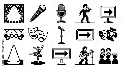 Black and white pixel art icon set featuring entertainment and performance symbols like a stage, microphone, singer, ballerina, and theater masks in a retro 8-bit graphic style