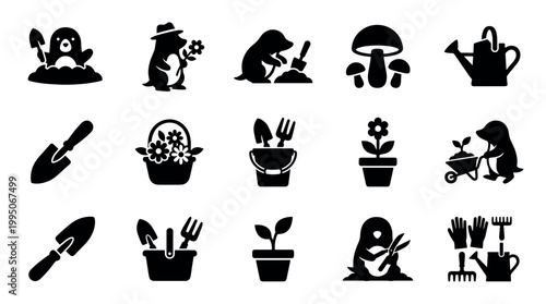 Set of black gardening icons featuring a cute mole character with tools like a trowel, watering can, and wheelbarrow for planting flowers and plants in a simple silhouette style