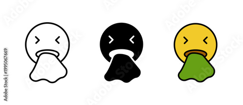 Puking emoji icon illustration for sickness, nausea, and reaction expressions with stroke filled and colored icon set.