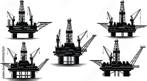Collection of black silhouette illustrations of offshore oil drilling rigs with cranes and platforms on the sea.