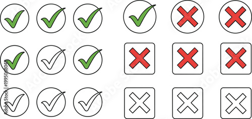 Check Mark and Cross Mark Icon Set with Green Tick and Red X Symbols in Circle and Square Frames for UI Design Validation and Checklists
