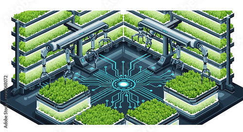 Isometric 3D illustration of a modern indoor vertical farming facility with LED grow lights.