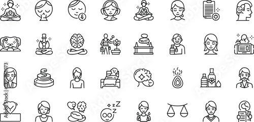 Comprehensive Mental Health and Self Care Icon Collection featuring Meditation Yoga Wellness Therapy and Emotional Balance Symbols