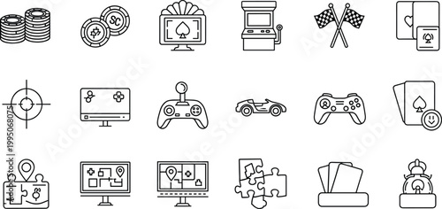 Comprehensive Gaming and Entertainment Icon Set featuring Game Controllers Arcade Machines Poker Chips and Racing Symbols