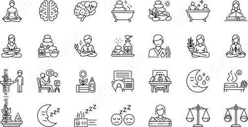 Comprehensive Mental Health and Self Care Icon Set featuring Meditation Yoga Wellness Spa and Relaxation Therapy Symbols