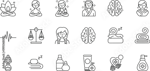Comprehensive Mental Health and Spa Wellness Icon Collection featuring Meditation Yoga Therapy and Self Care Symbols
