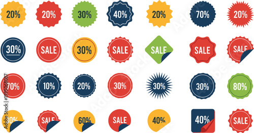 Colorful Sales Discount Sticker Collection with Percentage Badges and Promotional Labels for E-commerce and Retail Marketing