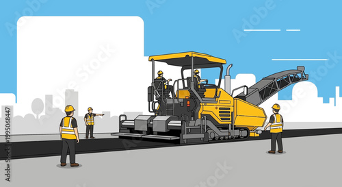 Asphalt paver machine with workers operating.