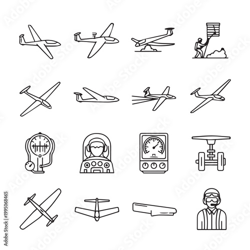 Glider airplane and aviation equipment icons with pilot for flight sports and travel concepts