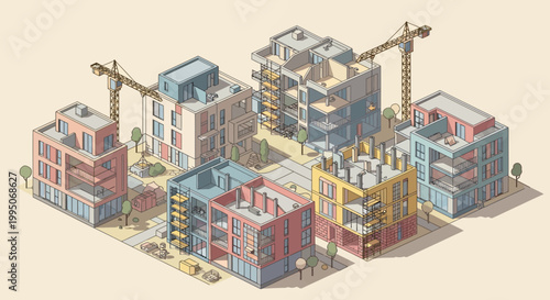 Colorful urban city block development.