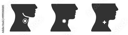 Set of three human neck pain or sore throat icons vector illustration for medical use on transparent background