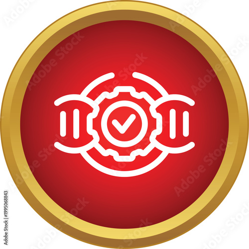 Dna strands and a gear with a checkmark symbolizing genetic editing success and biotechnology