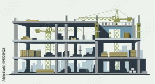 Construction site building interior cutaway.