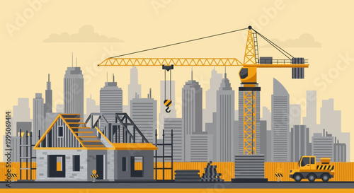 Construction site with crane building.