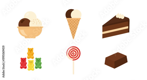 Colorful assortment of desserts including ice cream scoops, cake slice, gummy candies, lollipop and chocolate bar in flat vector style.