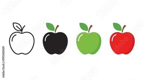 Apple Icons Vector Collection – Stylized Fruit Silhouettes in Outline, Solid Black, Green, Red Designs for Healthy Food, Nature Symbol, Graphic Illustration Vector Artwork