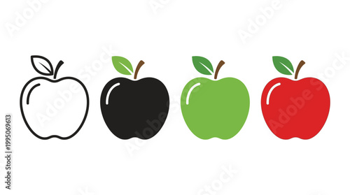 Apple Icons Vector Collection – Stylized Fruit Silhouettes in Outline, Solid Black, Green, Red Designs for Healthy Food, Nature Symbol, Graphic Illustration Vector Artwork