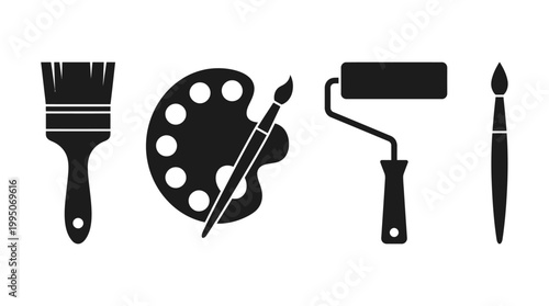 Painting Tools Vector Collection – Artist Palette, Paintbrush, Roller, Creative Art Supplies Silhouettes for Fine Art, DIY Projects, Graphic Illustration Vector Artwork