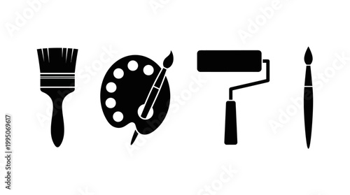 Painting Tools Vector Collection – Artist Palette, Paintbrush, Roller, Creative Art Supplies Silhouettes for Fine Art, DIY Projects, Graphic Illustration Vector Artwork