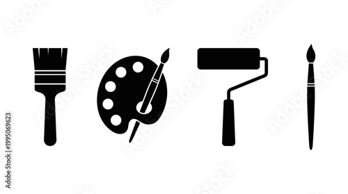 Painting Tools Vector Collection – Artist Palette, Paintbrush, Roller, Creative Art Supplies Silhouettes for Fine Art, DIY Projects, Graphic Illustration Vector Artwork