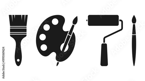 Painting Tools Vector Collection – Artist Palette, Paintbrush, Roller, Creative Art Supplies Silhouettes for Fine Art, DIY Projects, Graphic Illustration Vector Artwork