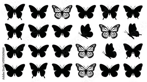 Butterfly Silhouettes Vector Collection – Black and White Wing Patterns, Stylized Designs, Detailed Line Art, Solid Shapes for Nature, Symmetry, Decorative Graphic Vector Artwork