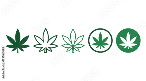 Cannabis Leaf Icons Vector Collection – Stylized Green Marijuana Silhouettes, Outlined, Detailed, Circular Designs for Culture, Branding, Herbal Symbolism, Decorative Graphic Vector Artwork