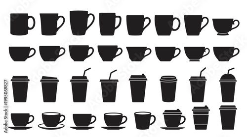 Drinkware Vector Collection – Cups, Mugs, Goblets, Coffee Takeaway, Teacups with Saucers, Beverage Silhouettes for Café Branding, Restaurant Menu Design, Stylish Black Outline Vector Artwork
