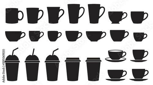 Drinkware Vector Collection – Cups, Mugs, Goblets, Coffee Takeaway, Teacups with Saucers, Beverage Silhouettes for Café Branding, Restaurant Menu Design, Stylish Black Outline Vector Artwork
