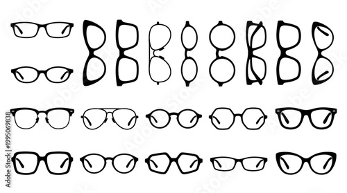 Eyeglass Frames Vector Collection – Stylish Glasses Silhouettes in Round, Square, Oval, Cat‑Eye, Rectangular Designs for Fashion, Optical Retail, Modern Eyewear Vector Illustration