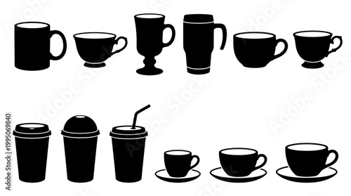 Drinkware Vector Collection – Cups, Mugs, Goblets, Coffee Takeaway, Teacups with Saucers, Beverage Silhouettes for Café Branding, Restaurant Menu Design, Stylish Black Outline Vector Artwork