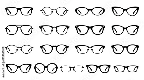 Eyeglass Frames Vector Collection – Stylish Glasses Silhouettes in Round, Square, Oval, Cat‑Eye, Rectangular Designs for Fashion, Optical Retail, Modern Eyewear Vector Illustration
