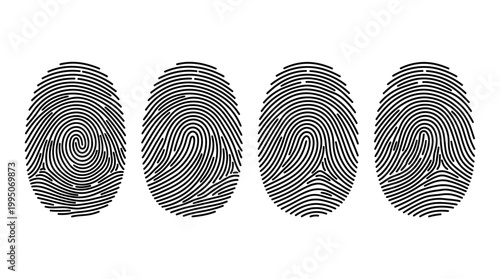 Fingerprint Patterns Vector Collection – Whorl, Loop, Arch, Double Loop Designs for Forensic Identification, Security Biometrics, Unique Ridge Flow, Black Line Art Vector Illustration