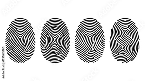 Fingerprint Patterns Vector Collection – Whorl, Loop, Arch, Double Loop Designs for Forensic Identification, Security Biometrics, Unique Ridge Flow, Black Line Art Vector Illustration