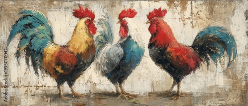 Colorful roosters in a rustic farmhouse setting