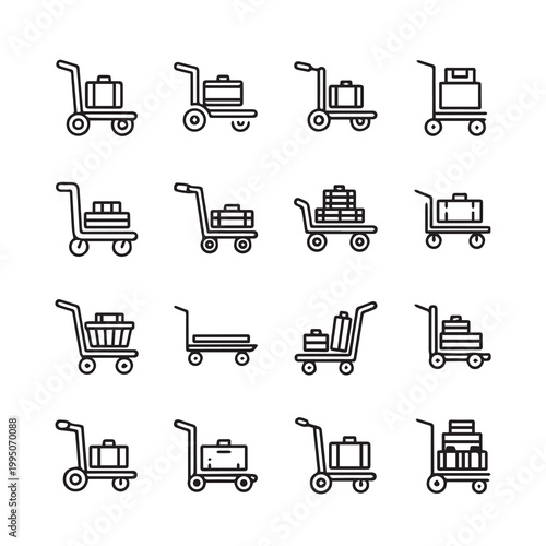 Luggage carts and trolleys with suitcases arranged in a clean grid layout for travel convenience