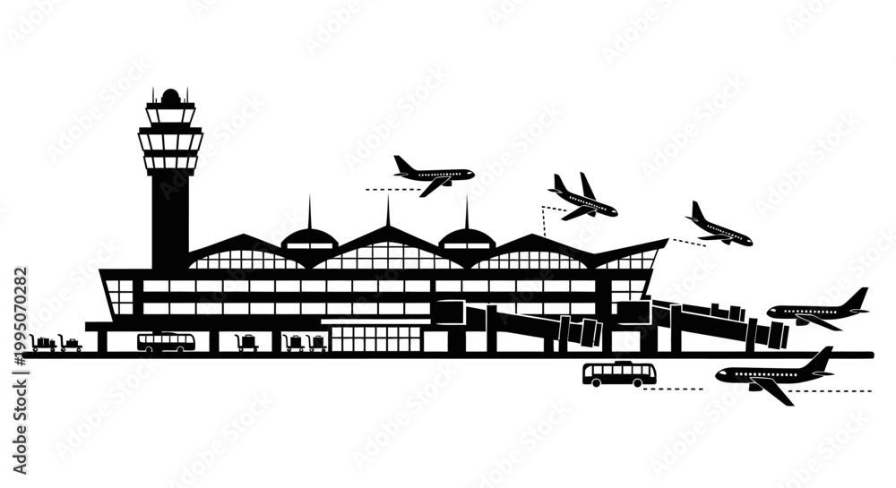 Obraz premium A black and white illustration depicts an airport with planes and a control tower