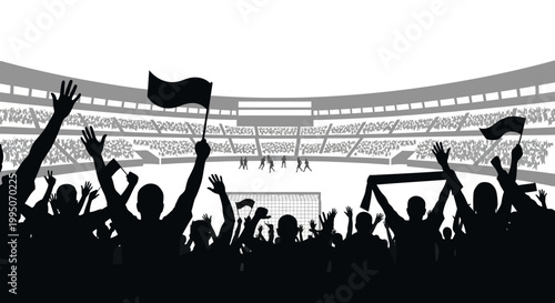 A silhouetted crowd cheering at a soccer game in a stadium