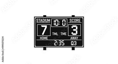 Black and white illustration of a digital sports scoreboard displaying game time