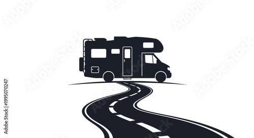 A stylized rv camper travels down a winding road illustration