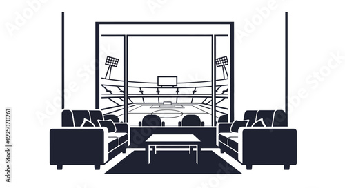 A living room setup overlooking a basketball arena through large windows