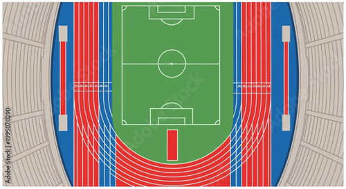 Aerial view of a running track surrounding a soccer field