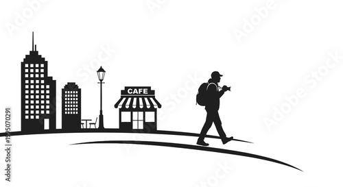 Silhouette of a photographer walking past a city cafe and buildings