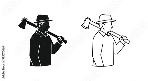 Woodcutter with an axe black silhouette and white outline versions