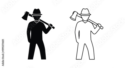 Two silhouetted lumberjack icons one black and one white carrying axes