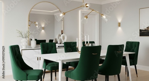 Modern elegant dining room with green velvet chairs and gold chandelier